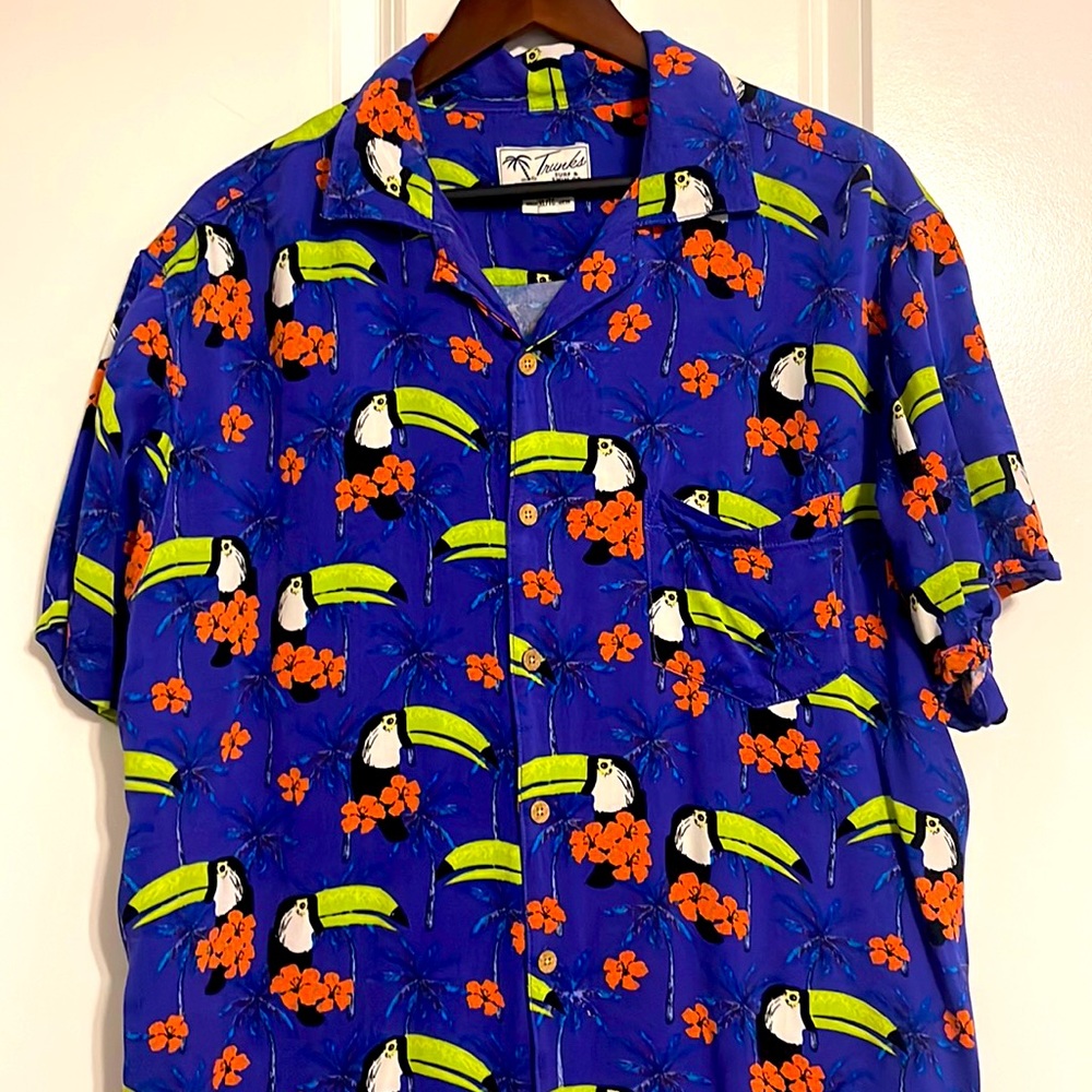 Men’s Trunks Short sleeved button down shirt XL Toucans Royal Blue Hawaiian
